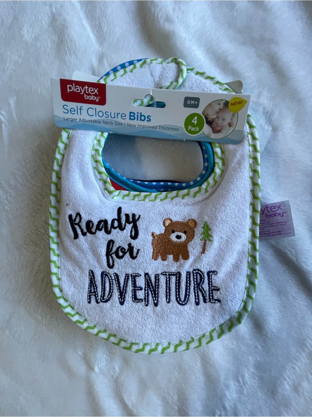 Playtex White Bib with Green Trim & Brown Bear "Ready for Adventure"